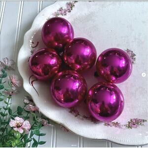 Vintage Christmas Ornaments Solid Hot Pink Magenta Round Glass Ball Poland Set 6